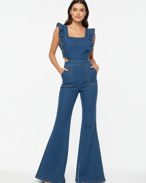 "KC" Blue Flared Ruffle Sleeve Jumpsuit: Small