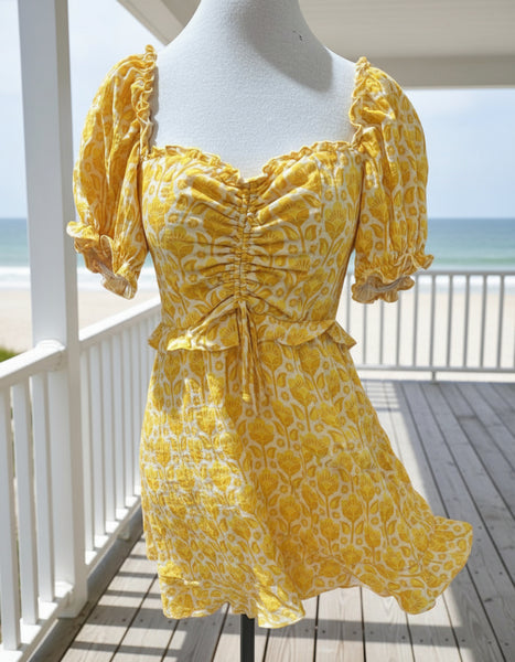 "KC" Yellow Floral Ruched Smocked Dress: Small