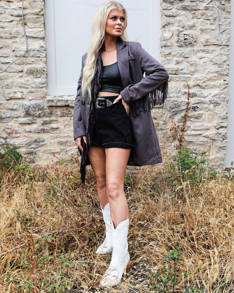 Gemma Charcoal Fringe Blazer - The Lace Cactus