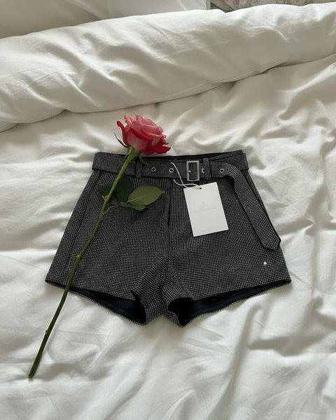 "KC" Belted Brilliant Black Rhinestone Shorts: Medium