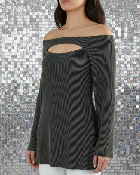 "KC" Ornella Black Ribbed Off Shoulder Top: Small