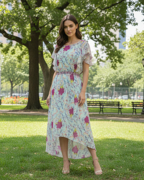 "KC" Colorful Lined Floral Hi-Lo Dress: Large