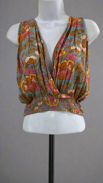 "KC" Light Blue Strap Crop Top Tank w/ Pink & Rust Florals: MD