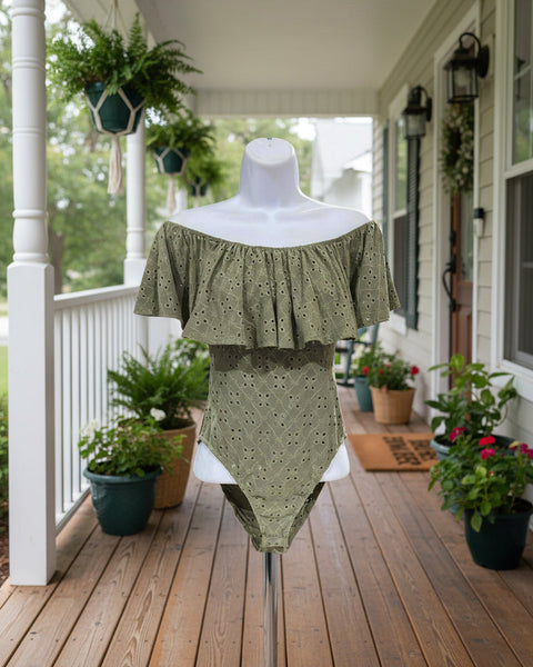 "KC" Olive Eyelet Ruffle Neck Bodysuit: Small