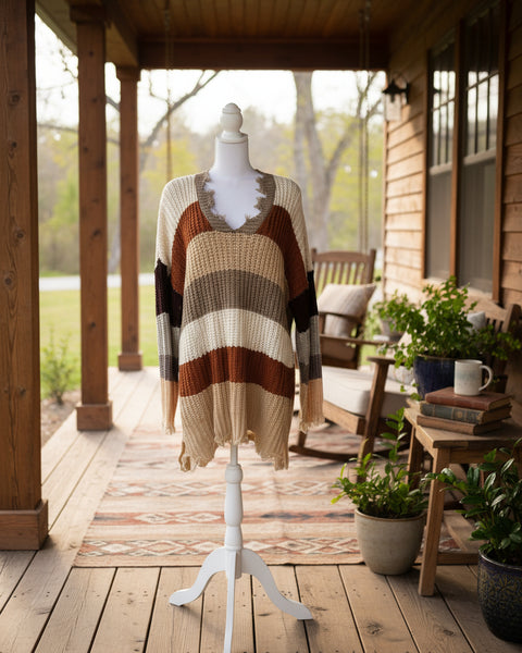 "KC" Rust & Taupe Distressed Chunky Sweater: S/M