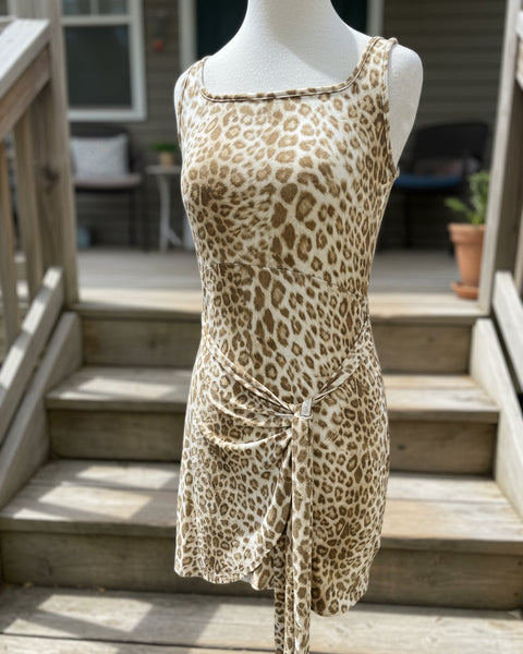 "KC" Beige Leopard Tank Dress With Wrap Front Detail: Small