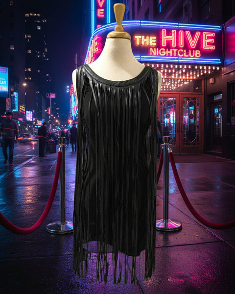 "KC" Black Tank Dress With Faux Leather Fringe: Small
