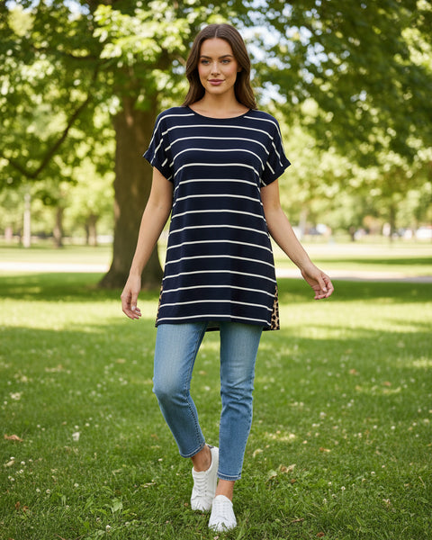 "KC" Navy Stripe Leopard Open Back Tee: Small