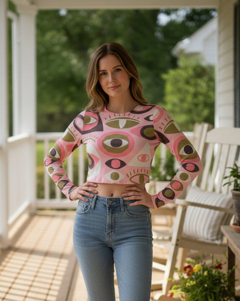 "KC" Pink Eye Crop Top: Small