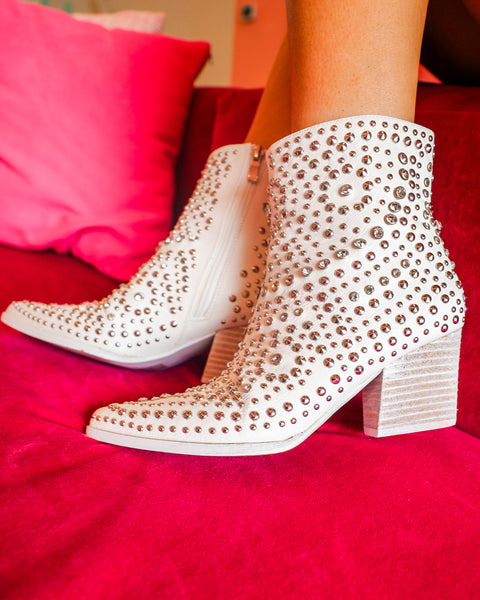 Hazel White Studded Rhinestone Booties - The Lace Cactus