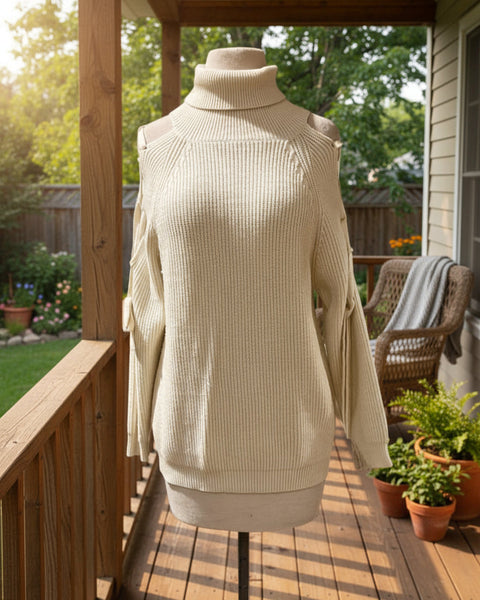 "KC" Cream Turtle Neck Cold Shoulder Sweater: Small