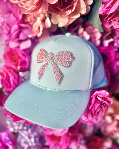 Blue & Pearls Rhinestone Bow Patch Trucker Hat