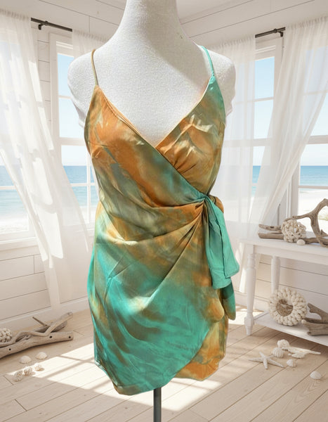 "KC" Hello Molly Auqua & Orange Wrap Mini Dress: Medium