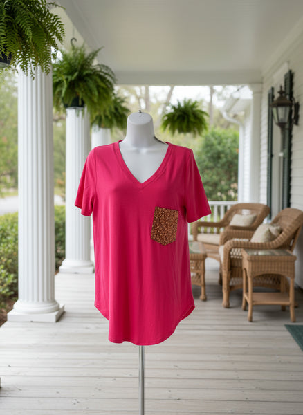 "KC" Hot Pink V-Neck Copper Sequin Pocket Top: Small