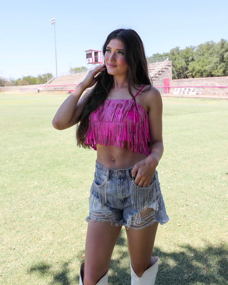 Seraphina Pink Geranium Feather and Pearl Tank Crop Top