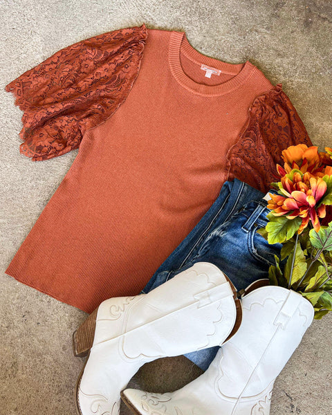 (PLUS) Jessie Cognac Knit & Lace Top - The Lace Cactus
