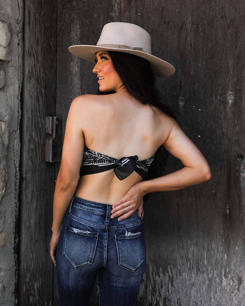 Paisley Black Bandana Top with Rhinestone Fringe - The Lace Cactus