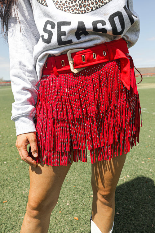 Remi Red Rhinestone Fringe Shorts - The Lace Cactus