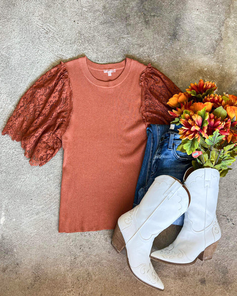(PLUS) Jessie Cognac Knit & Lace Top - The Lace Cactus