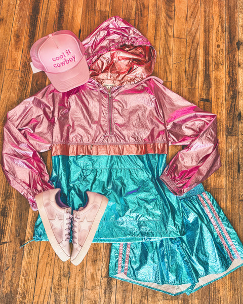 Jazzy Color Block Hoodie Metalic Windbreaker