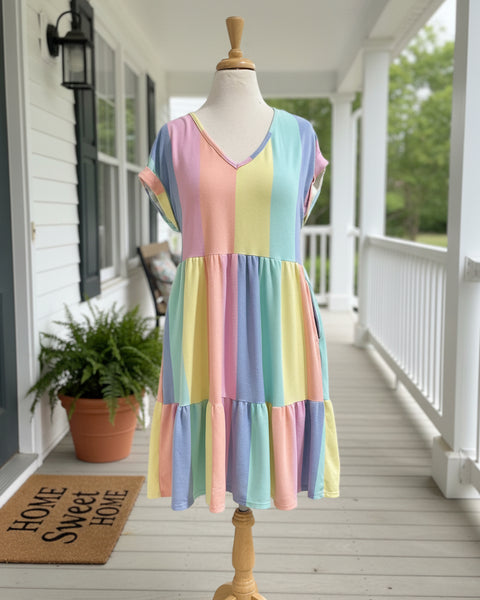 "KC" V-Neck Pastel Stripe Dress:SM
