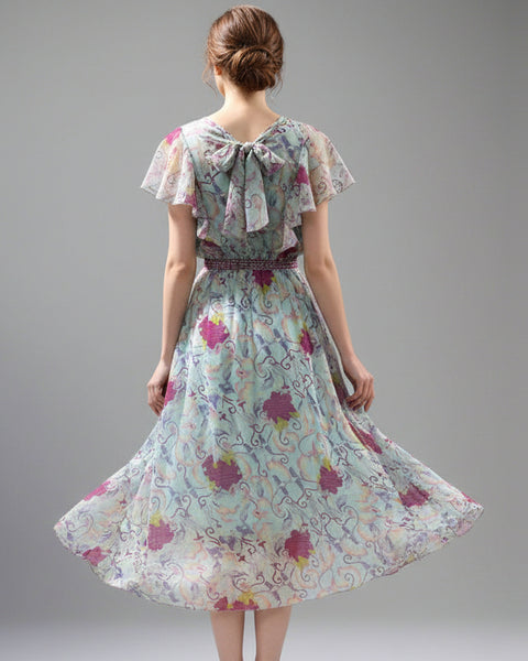 "KC" Colorful Lined Floral Hi-Lo Dress: Large