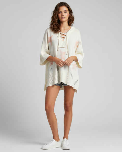 "KC" Ivory Star Distressed Lace-Up Hoodie: Small