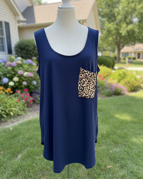 "KC" Navy Leopard Pocket Tank Top: Xlarge