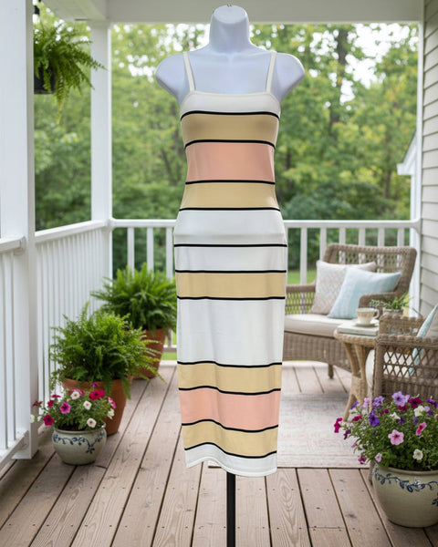 "KC" SNDYS Peach & Beige Stripe Bodycon Midi Dress: Small