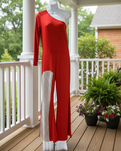 "KC" Red One Shoulder Jumpsuit with Rhinestone Detail : Small