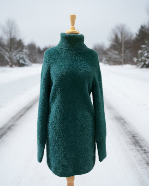"KC" Fuzzy Hunter Green Turtle Neck Dress: Small