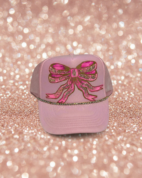 Custom Light Pink Glitter Double Bow Trucker Hat