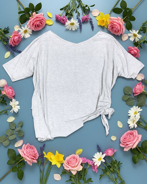 "KC" Cut Neck Cut Hem Heathered Gray Tie Crop Top Tee: Small