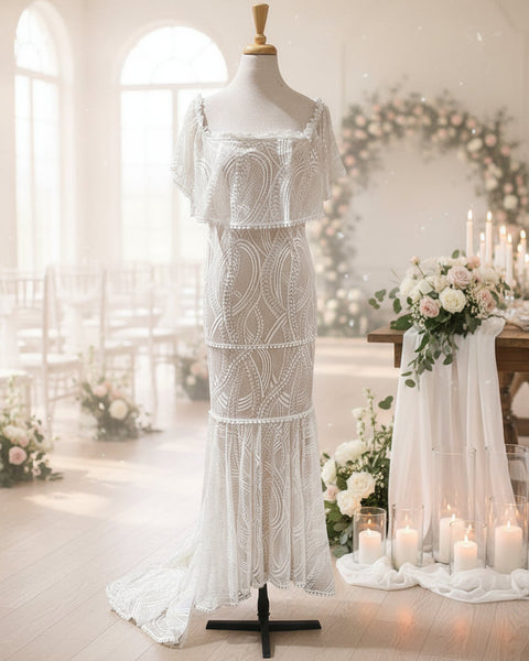 "KC" White Lace Over Ecra Maxi Dress With Chapel Length Train: Small