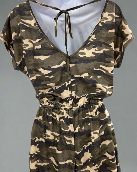 "KC" Olive Camo Back V Romper: Small