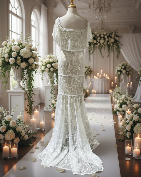 "KC" White Lace Over Ecra Maxi Dress With Chapel Length Train: Small