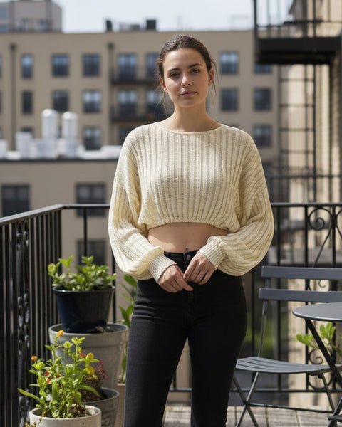 "KC" Oatmeal Textured Draw String Crop Top: Small