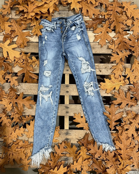 "KC" Distressed Button Fly Skinny Jeans: 25