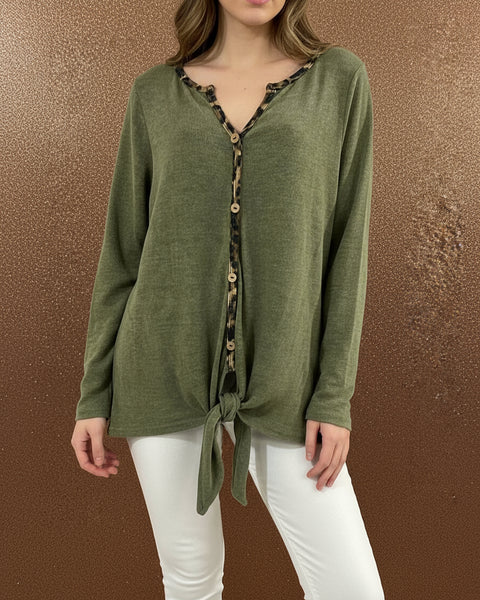 "KC" Olive Leopard Button Front Top: Large