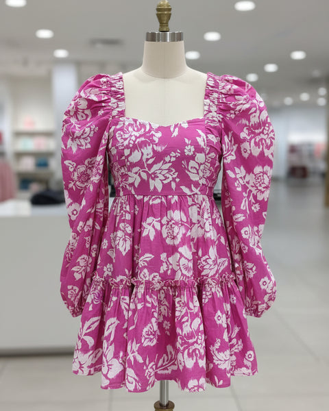 "KC" Fuchsia Floral Smocked Long Sleeve Top: Small