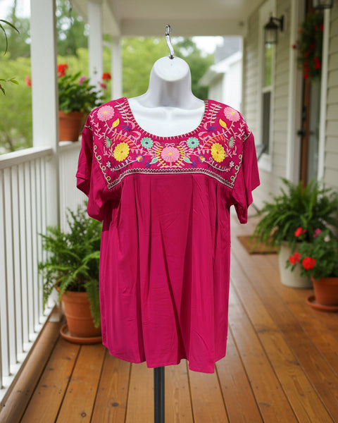 "KC" Hot Pink Mexican Embroidered Top: Small