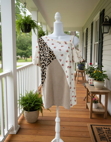 "KC" Floral, Leopard & Stripe Cold Shoulder Top: Small