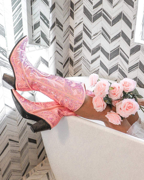 Cowgirl Barbie Pink Sequin Boots - The Lace Cactus