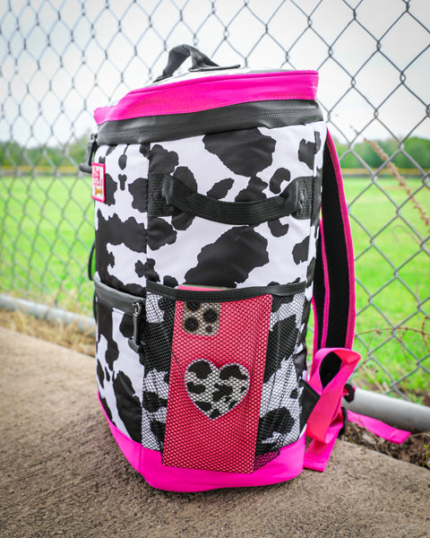 26 Hot Pink + Cow Print Backpack Cooler Bag