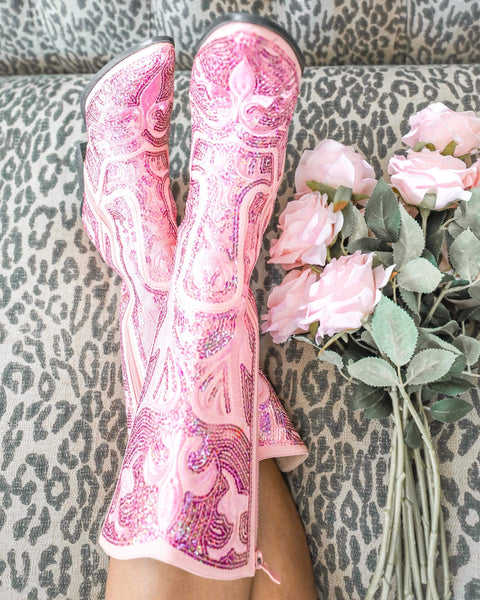 Cowgirl Barbie Pink Sequin Boots - The Lace Cactus