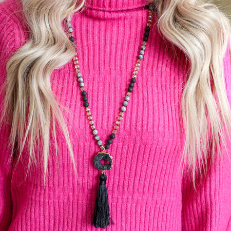Pink Panache Bronzed Out Black Fringe Necklace