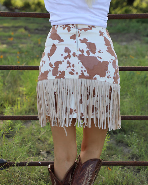 Cream Cow Print Fringe Mini Skirt - The Lace Cactus