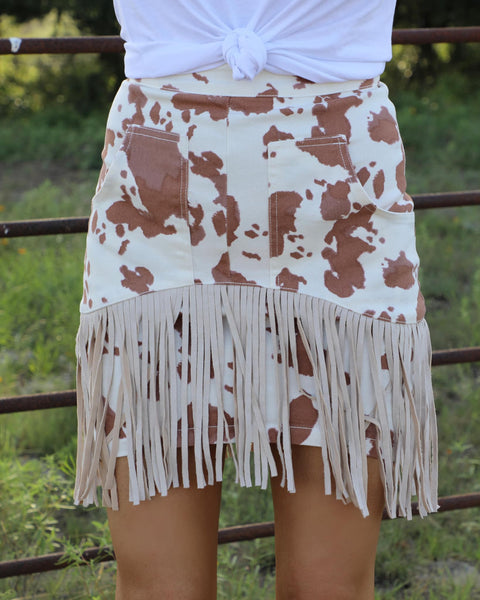 Cream Cow Print Fringe Mini Skirt - The Lace Cactus