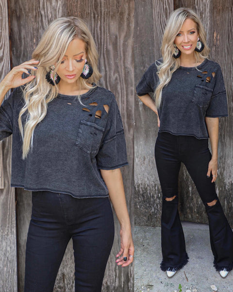 Daleyza Distressed + Oversized Black Crop Top - The Lace Cactus