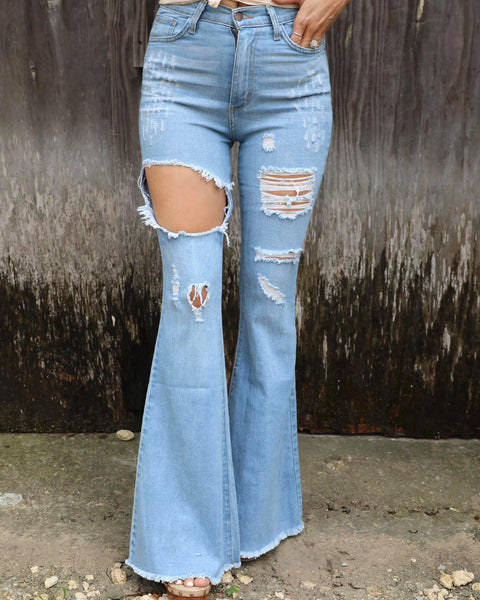 The Lyric Light Blue Ripped Flare Jeans - The Lace Cactus